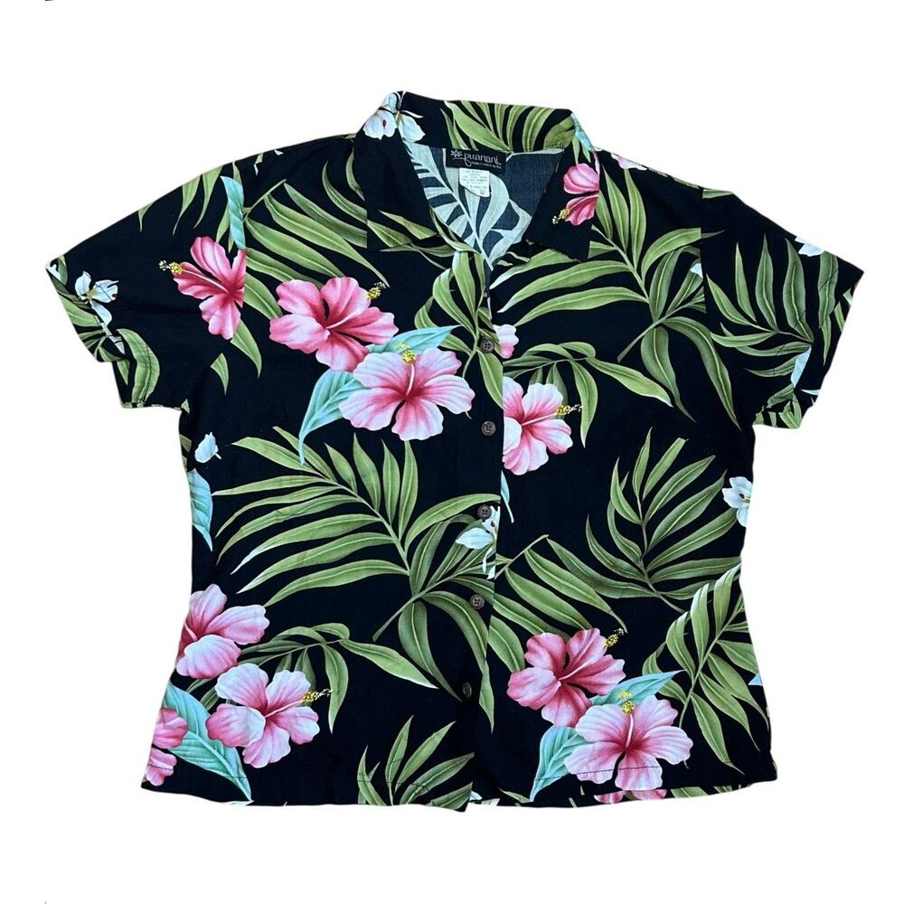 VTG 90s Puanani Hawaiian Shirt Black Floral Medium Tropical Boho Casual Indie